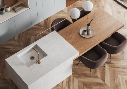 Top view of luxury home kitchen interior with stone bar island, hardwood floor. Eating and cooking corner with dinner table and panoramic window on tropics. 3D rendering