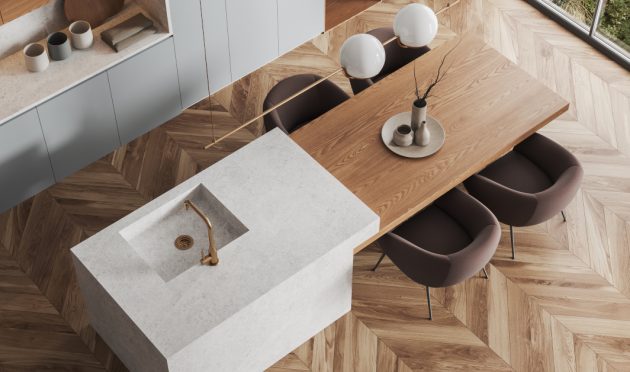 Top view of luxury home kitchen interior with stone bar island, hardwood floor. Eating and cooking corner with dinner table and panoramic window on tropics. 3D rendering